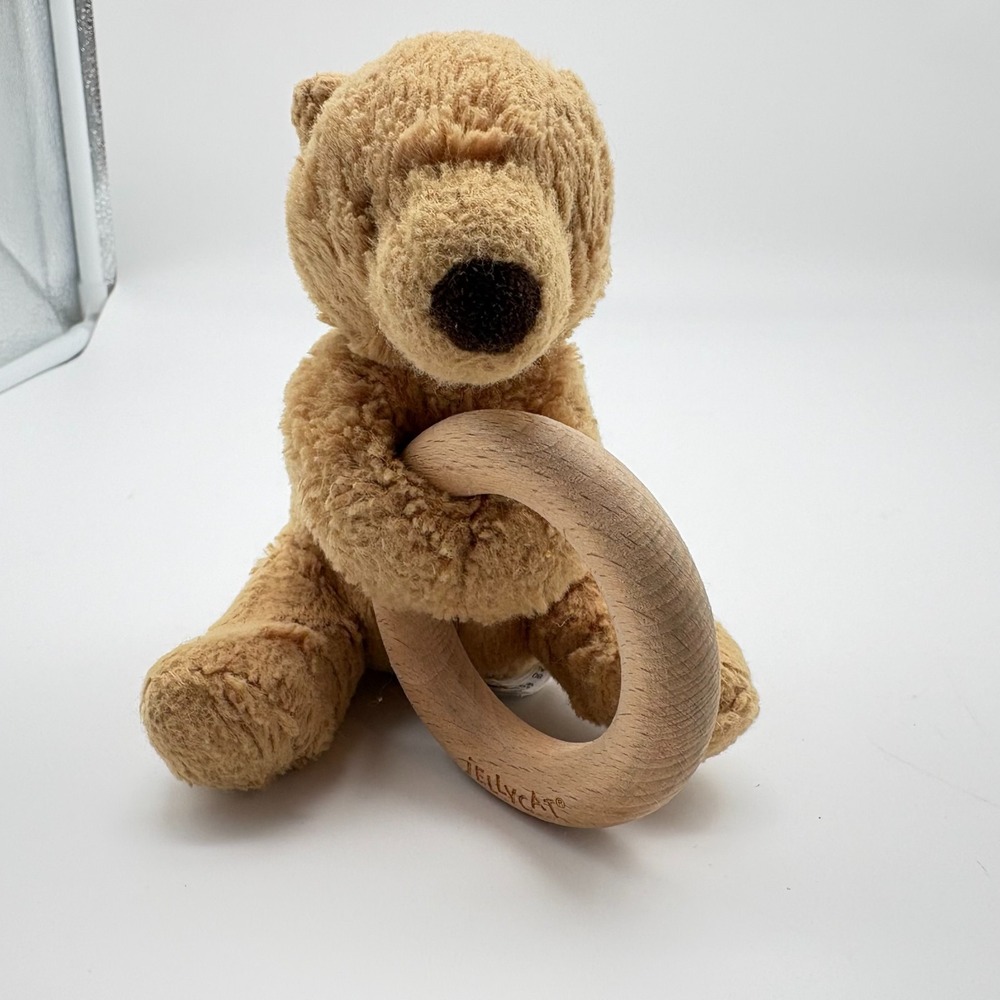 Jellycat Shooshu Bear Plush Ring Rattle Wooden Small Stuffed Animal Toy 6"
